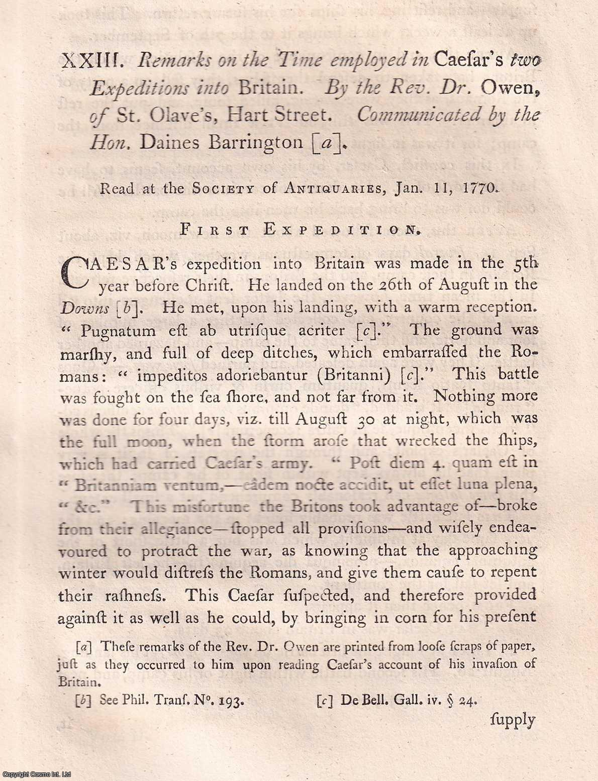 Rev. Dr. Owen - Remarks on the Time employed in Caesar's two Expeditions into Britain. An uncommon original article from the journal Archaeologia, 1773.