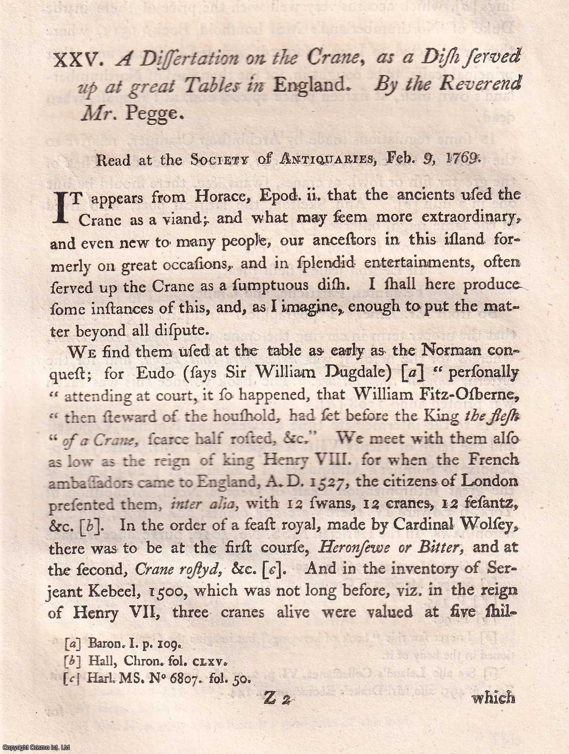 REVEREND MR. PEGGE - A Dissertation on the Crane, as a Dish served up at great Tables in England. A rare original article from the journal Archaeologia, 1773.