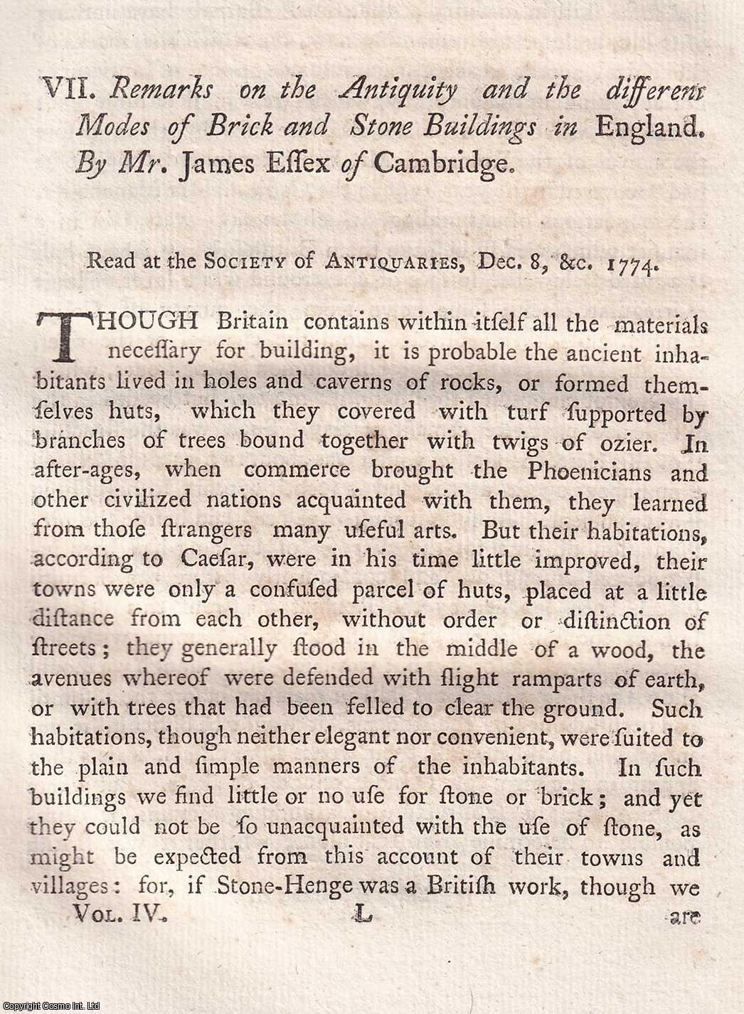 MR. JAMES ESSEX - The Antiquity and the different Modes of Brick and Stone Buildings in England. A rare original article from the journal Archaeologia, 1777.