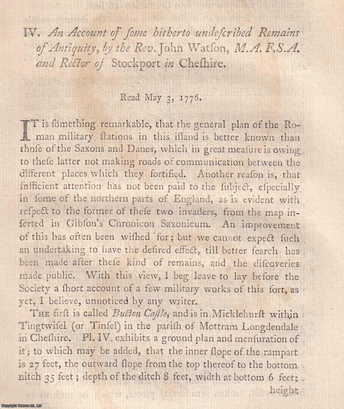 REV. JOHN WATSON, M.A.F.S.A. - An Account of some hitherto undescribed Remains of Antiquity. A rare original article from the journal Archaeologia, 1779.
