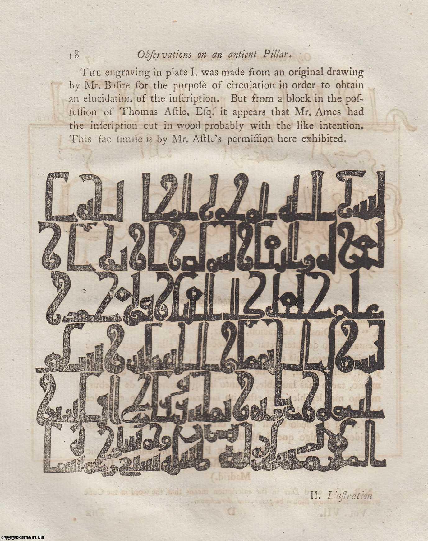 ---. - Observations on an Inscription on an ancient Pillar now in the possession of the Society of Antiquaries. A rare original article from the journal Archaeologia, 1785.