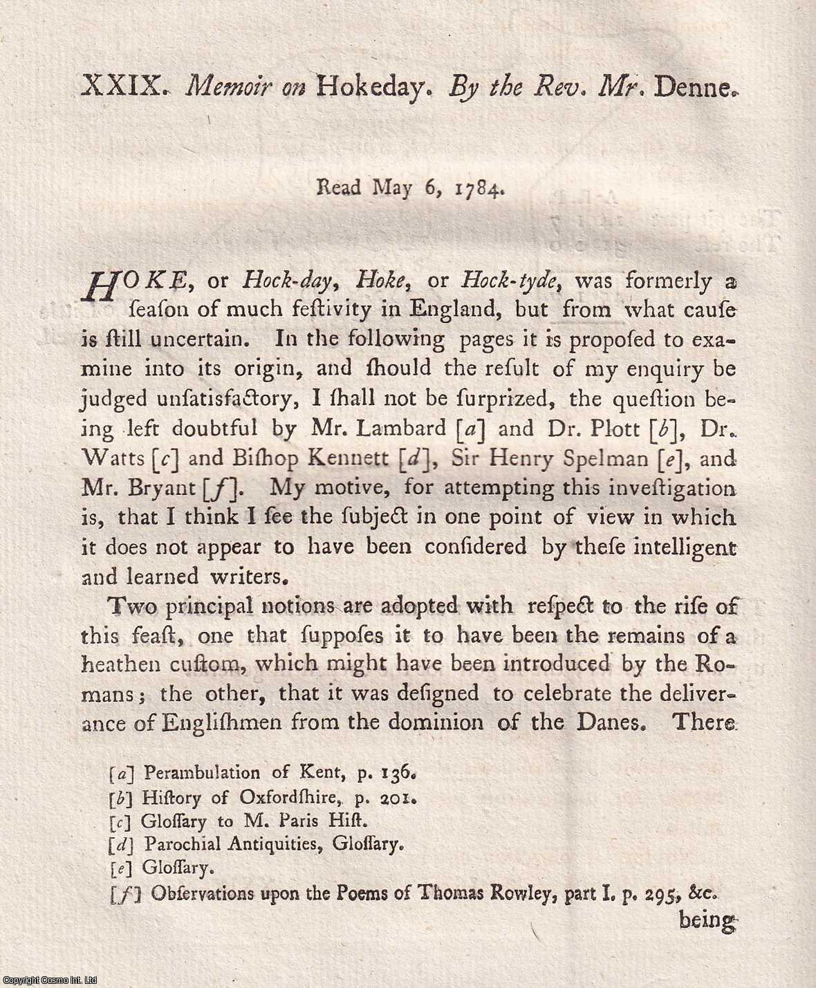 REWV. MR. DENNE - Memoir on Hokeday. A rare original article from the journal Archaeologia, 1785.