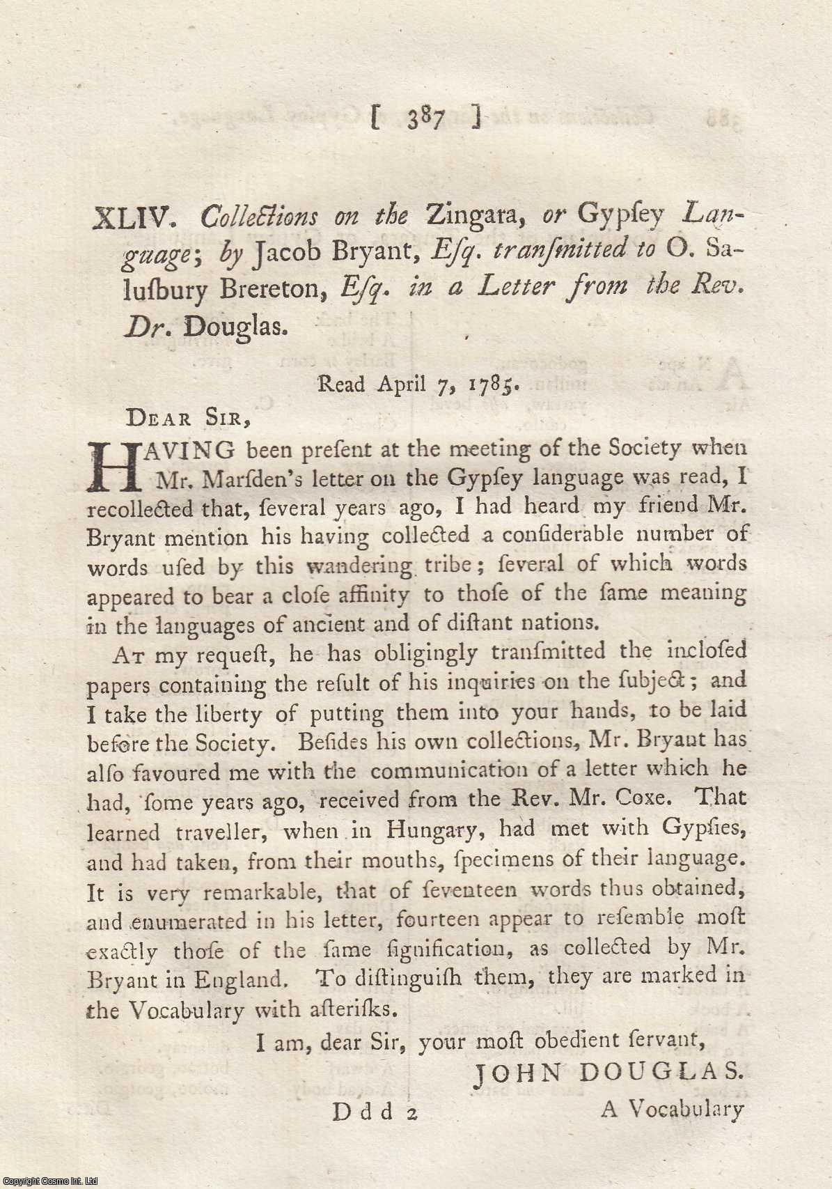 JACOB BRYANT, ESQ. - Collections on the Zingara, or Gypsey Language. A rare original article from the journal Archaeologia, 1785.