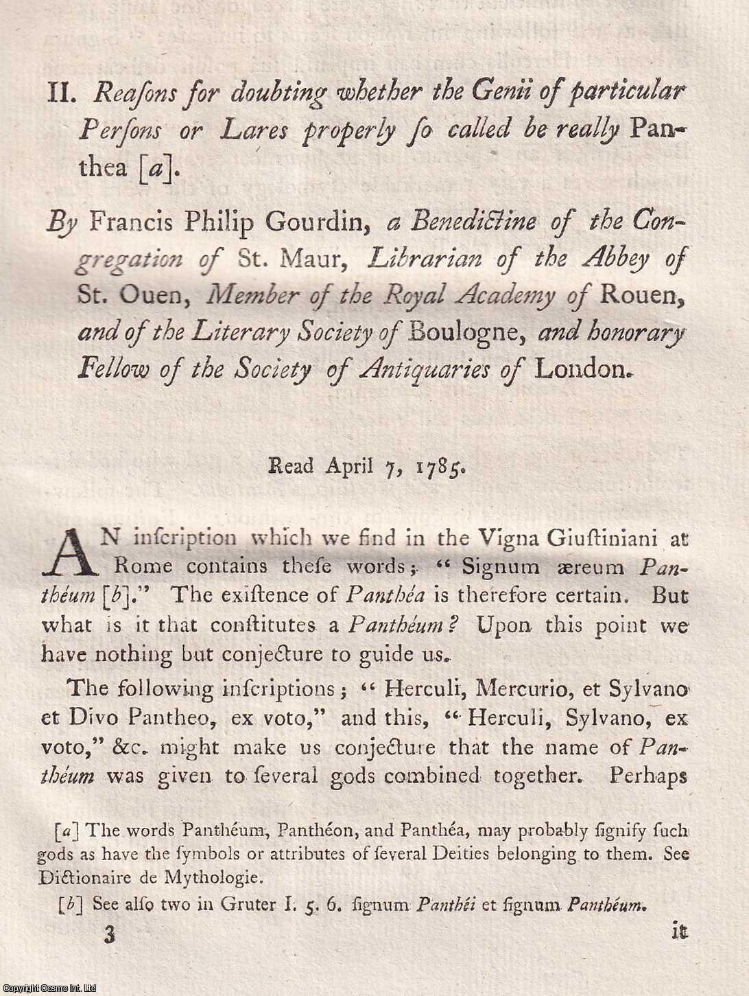 FRANCIS PHILIP GOURDIN - Reasons for doubting whether the Genii of particular Persons or Lares properly so called be really Panthea. A rare original article from the journal Archaeologia, 1787.