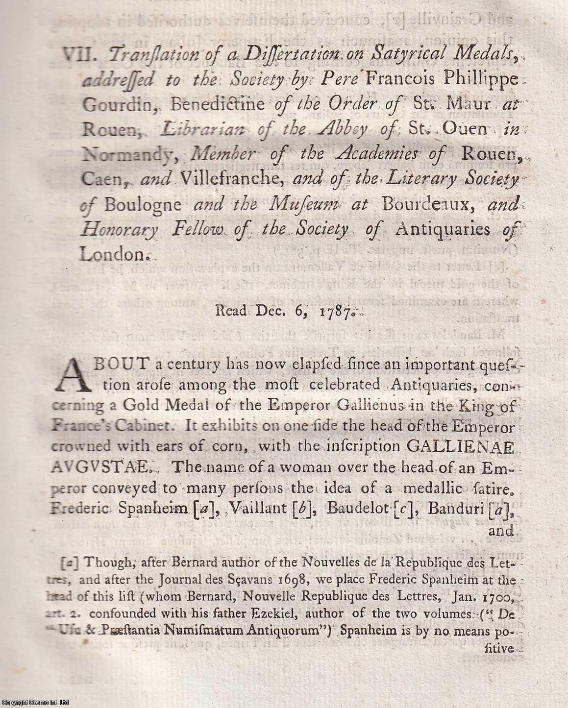 PERE FRANCOIS PHILLIPPE GOURDIN - Translation of a Dissertation on Satyrical Medals. A rare original article from the journal Archaeologia, 1789.