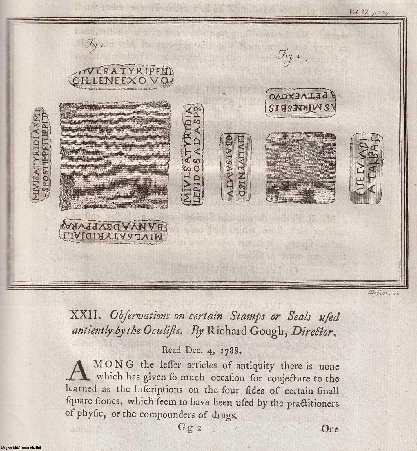 RICHARD GOUGH - Observations on certain Stamps or Seals used anciently by the Oculists. A rare original article from the journal Archaeologia, 1789.
