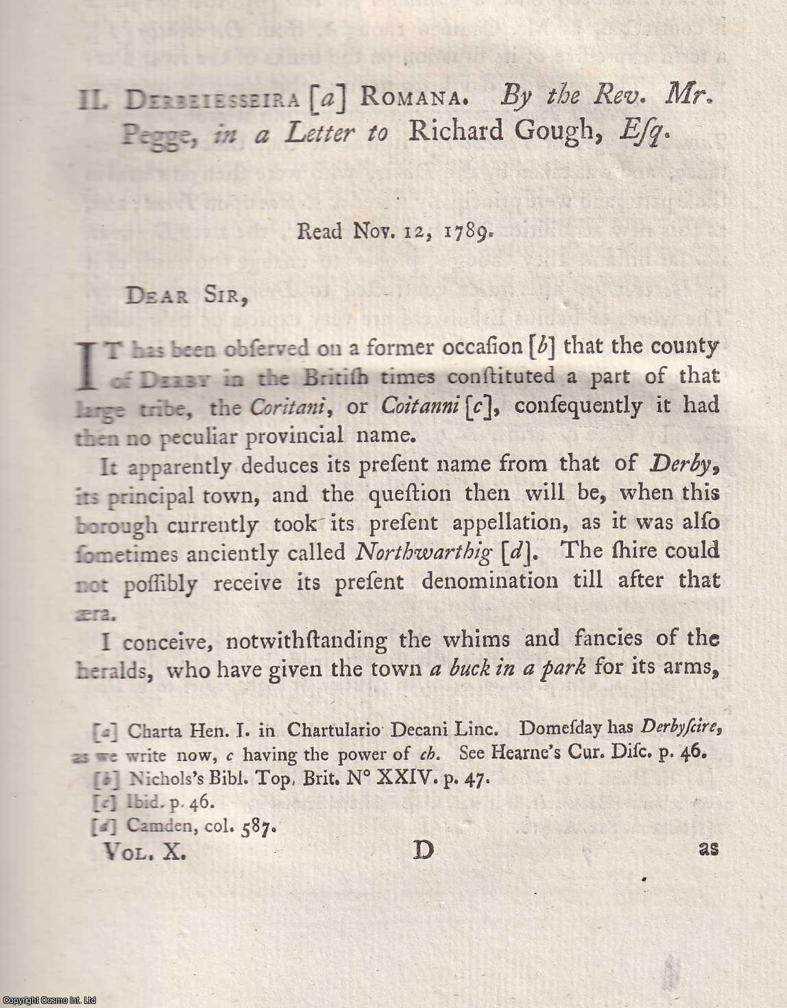 REV. MR. PEGGE - Roman Derbyshire. Derbeiesseira Romana. A rare original article from the journal Archaeologia, 1792.