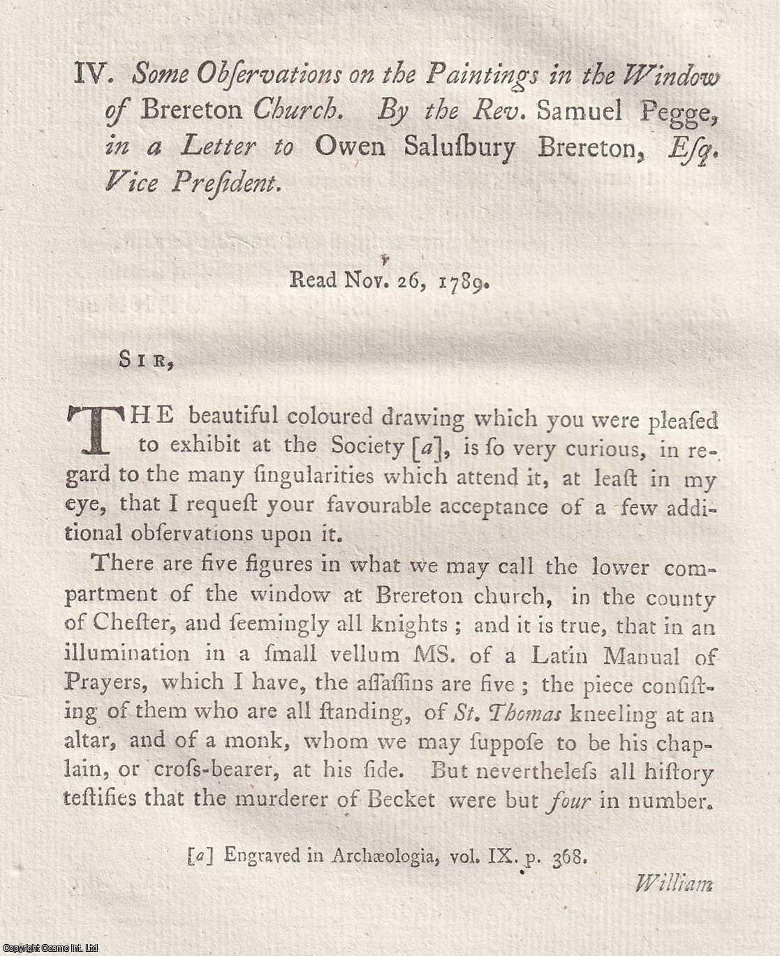 REV. SAMUEL PEGGE - Observations on the Paintings in the Window of Brereton Church. A rare original article from the journal Archaeologia, 1792.
