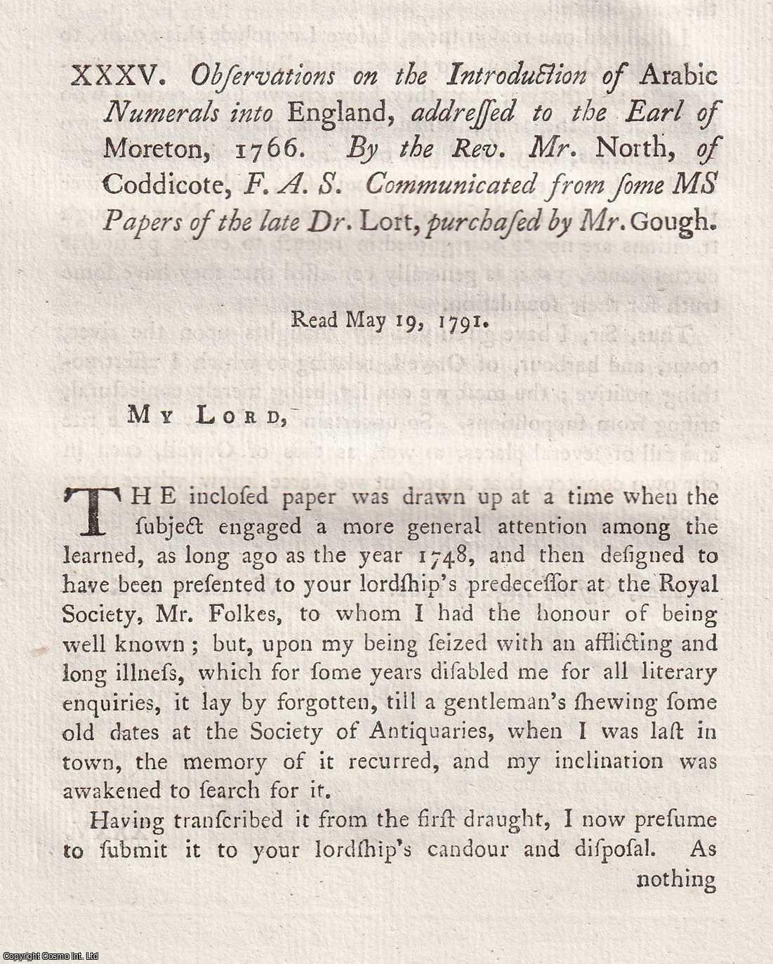 REV. MR. NORTH - Observations on the Introduction of Arabic Numerals into England. A rare original article from the journal Archaeologia, 1792.