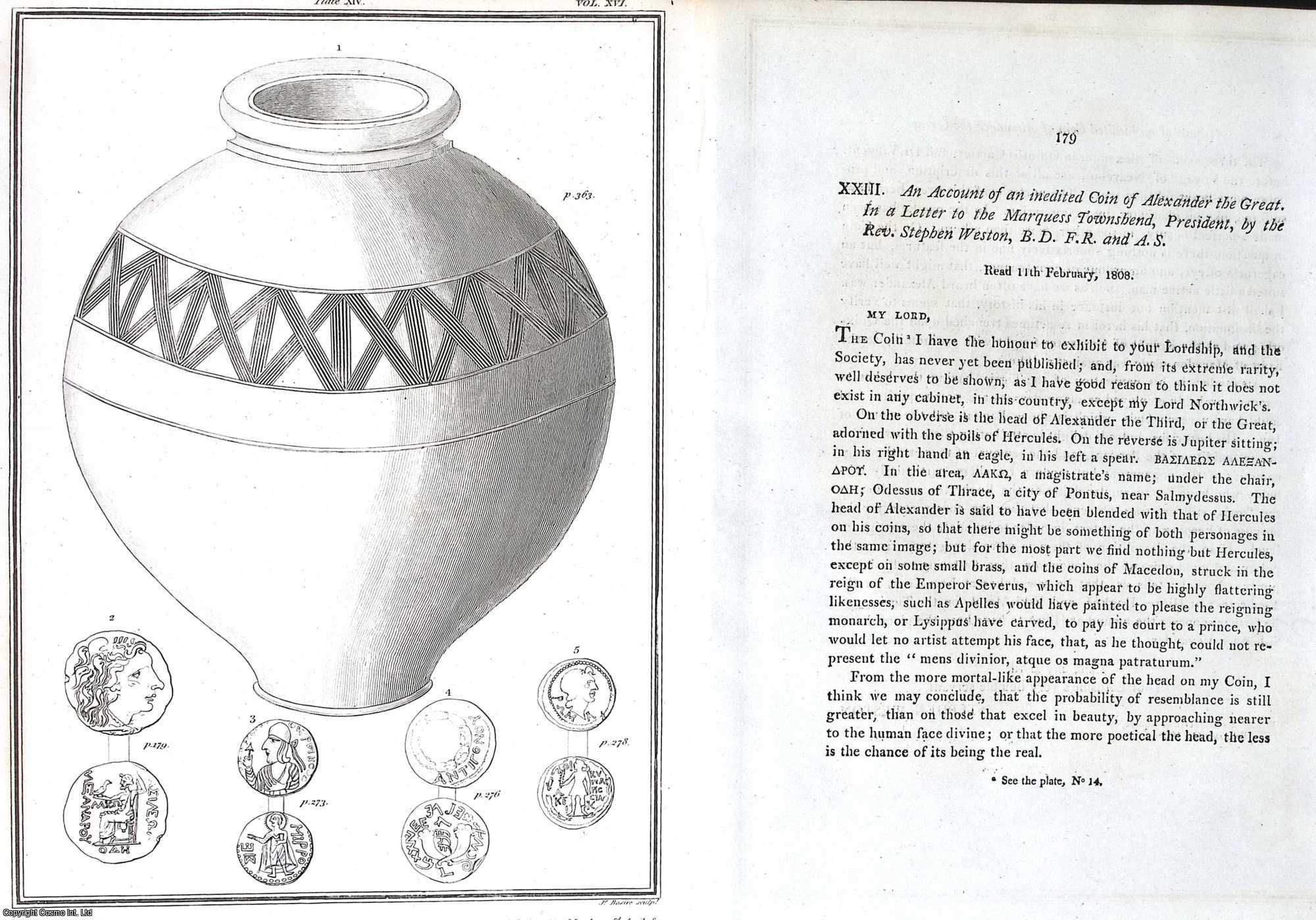 REV. STEPHEN WESTON, B.D., F.R.S., F.A.S. - An Account of an inedited Coin of Alexander the Great. A rare original article from the journal Archaeologia, 1809.