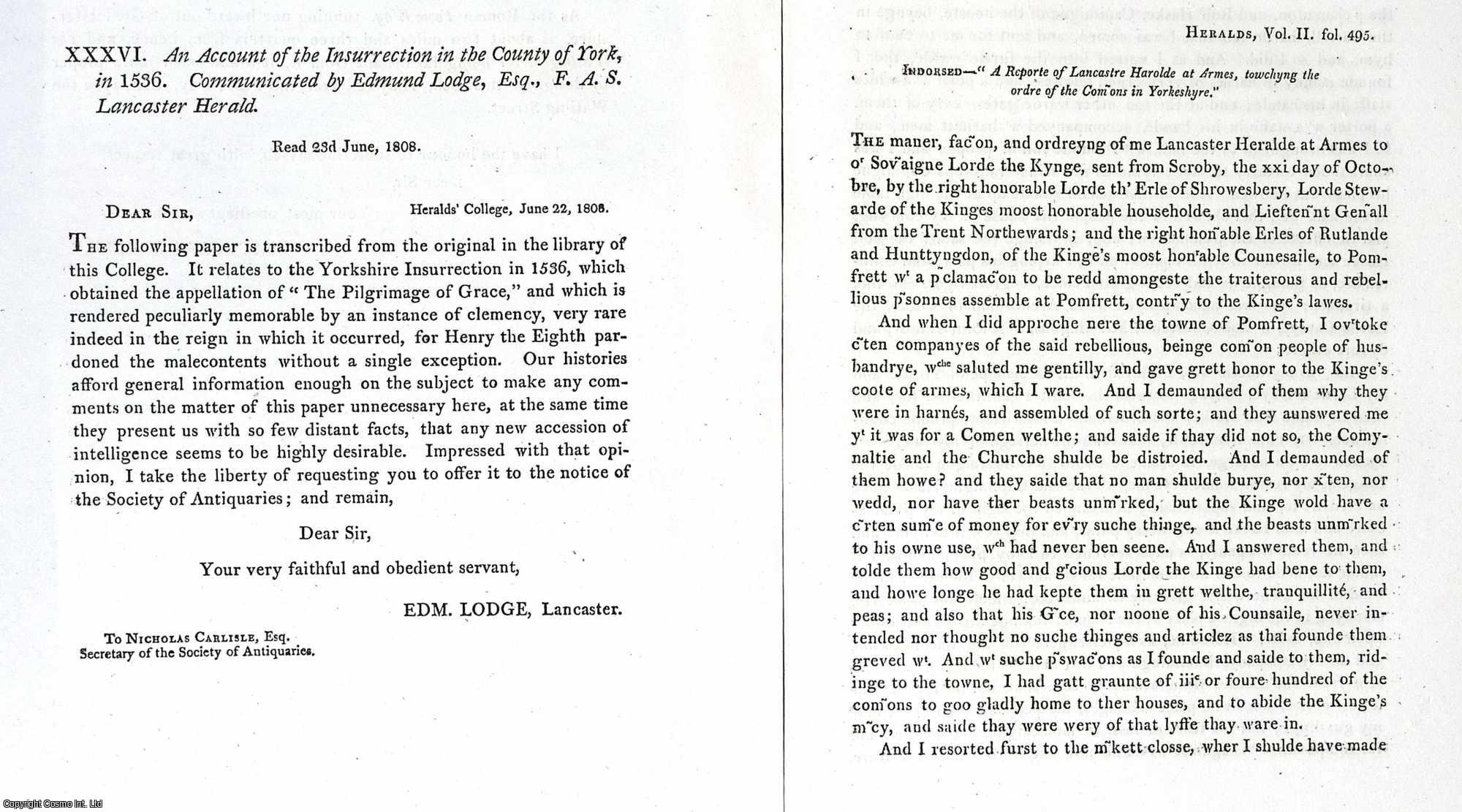 EDMUND LODGE, ESQ., F.A.S. (COMMUNICATED BY) - An Account of the Insurrection in the County of York, in 1536. A rare original article from the journal Archaeologia, 1809.