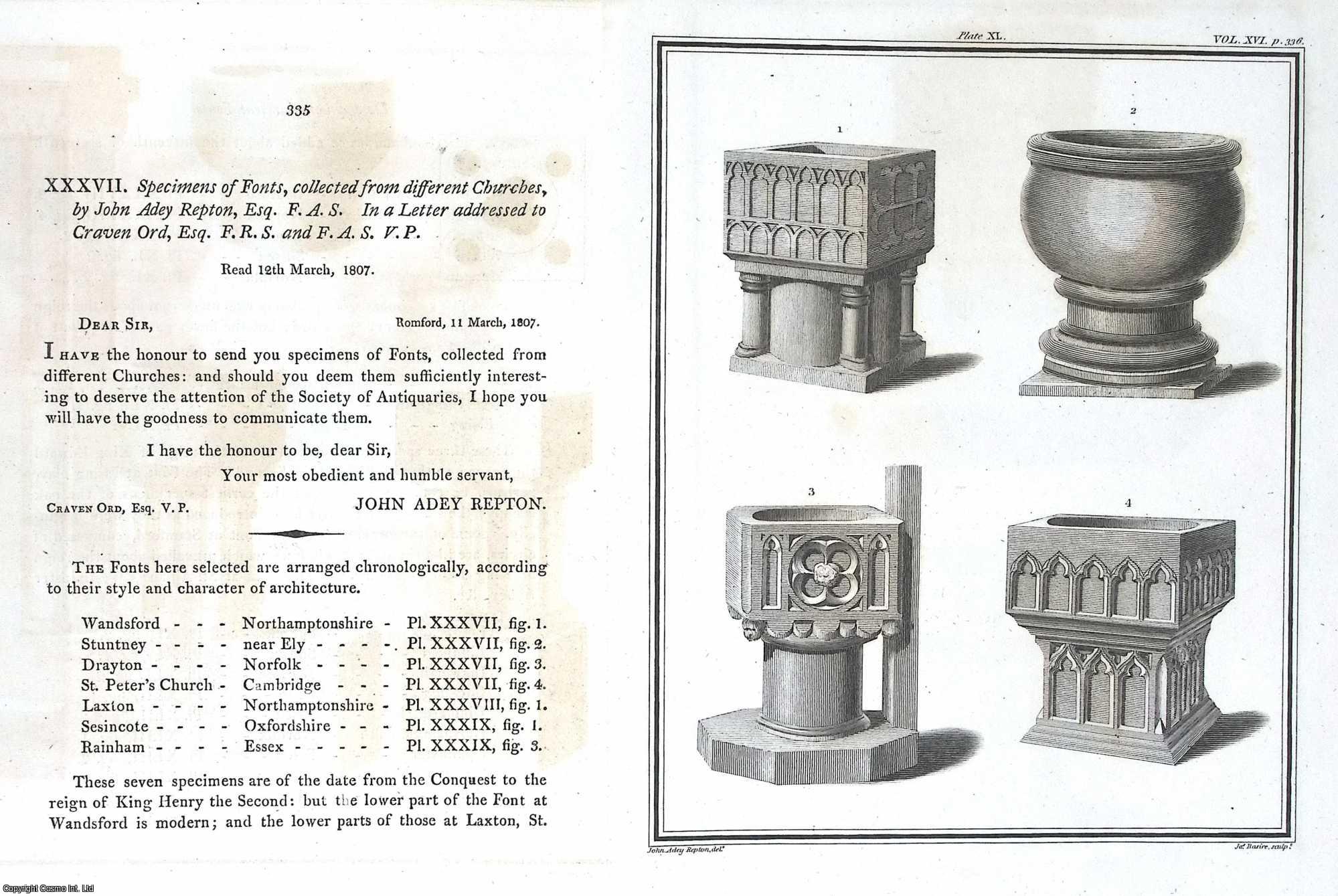 JOHN ADEY REPTON, ESQ., F.A.S. - Specimens of Fonts, collected from different Churches. A rare original article from the journal Archaeologia, 1809.