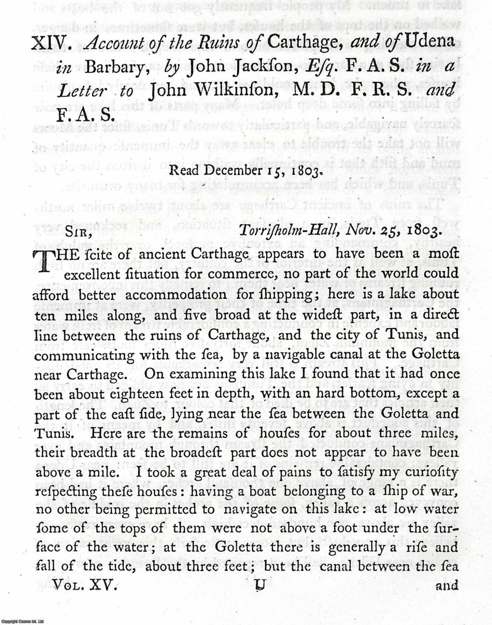 JOHN JACKSON, ESQ. F.A.S. - Account of the Ruins of Carthage, and of Udena in Barbary. A rare original article from the journal Archaeologia, 1806.