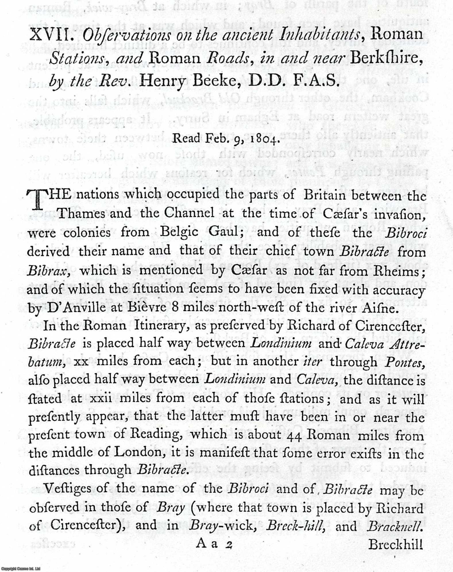 REV. HENRY BEEKE, D.D. F.A.S. - Observations on the ancient Inhabitants, Roman Stations, and Roman Roads, in and near Berkshire. A rare original article from the journal Archaeologia, 1806.