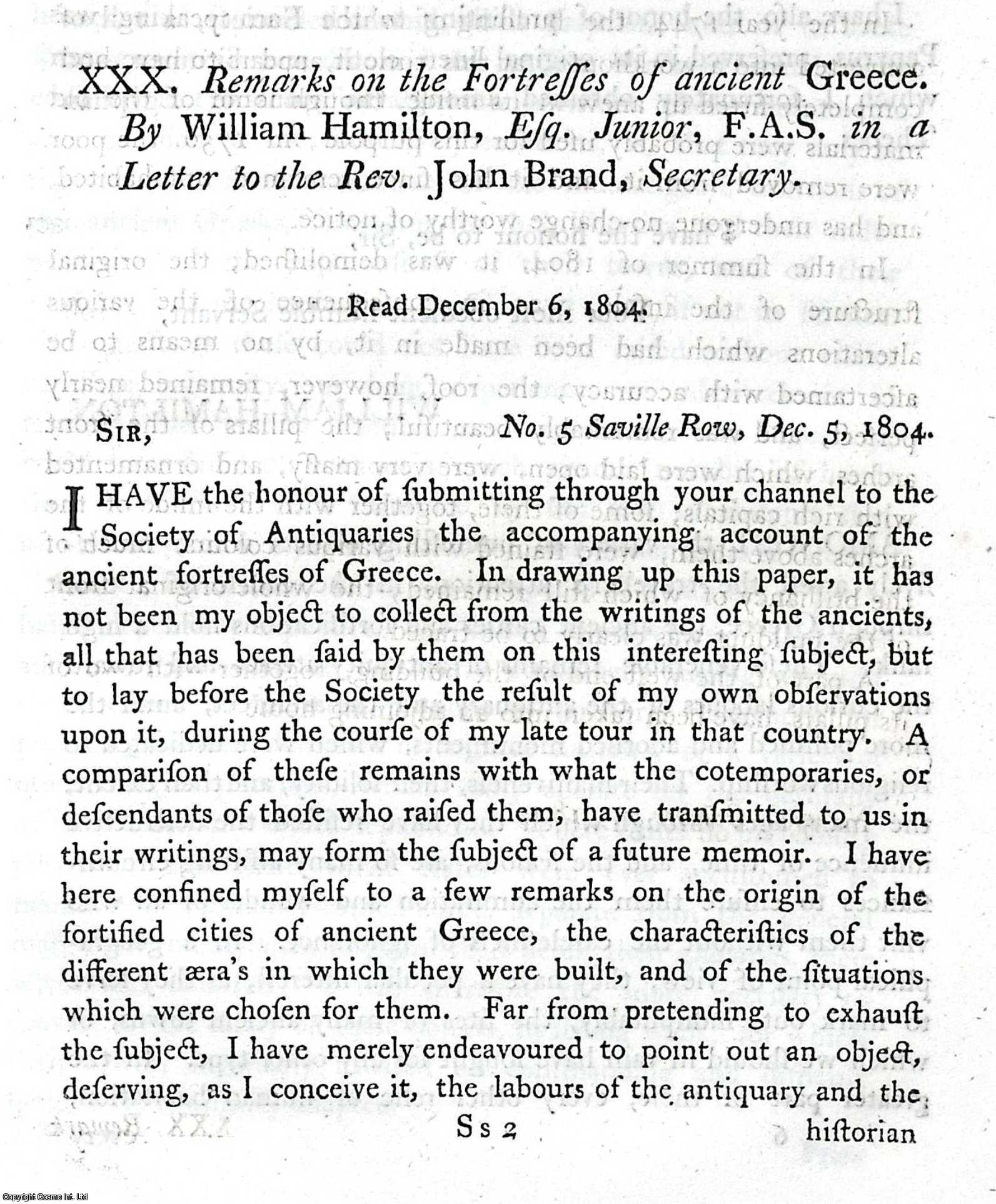 WILLIAM HAMILTON, ESQ. JUNIOR, F.A.S. - The Fortresses of ancient Greece. A rare original article from the journal Archaeologia, 1806.