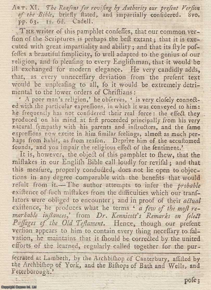 Author Not Stated - The Reasons for revising by Authority our present Version of the Bible. An original article from the Monthly Review 1790.