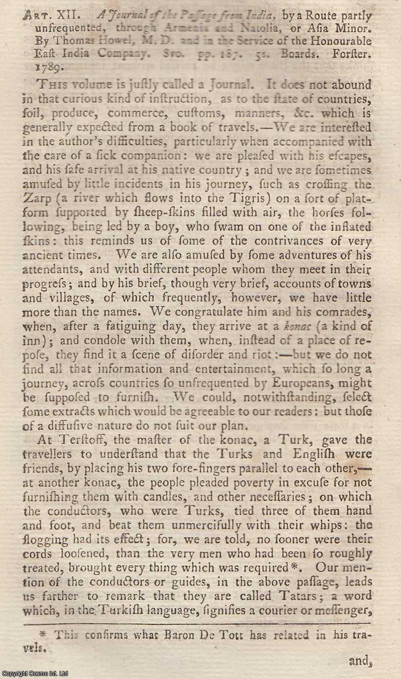 Author Not Stated - A Journal of the Passage from India, by a Route partly unfrequented, through Armenia and Natolia, or Asia Minor. An original article from the Monthly Review 1790.