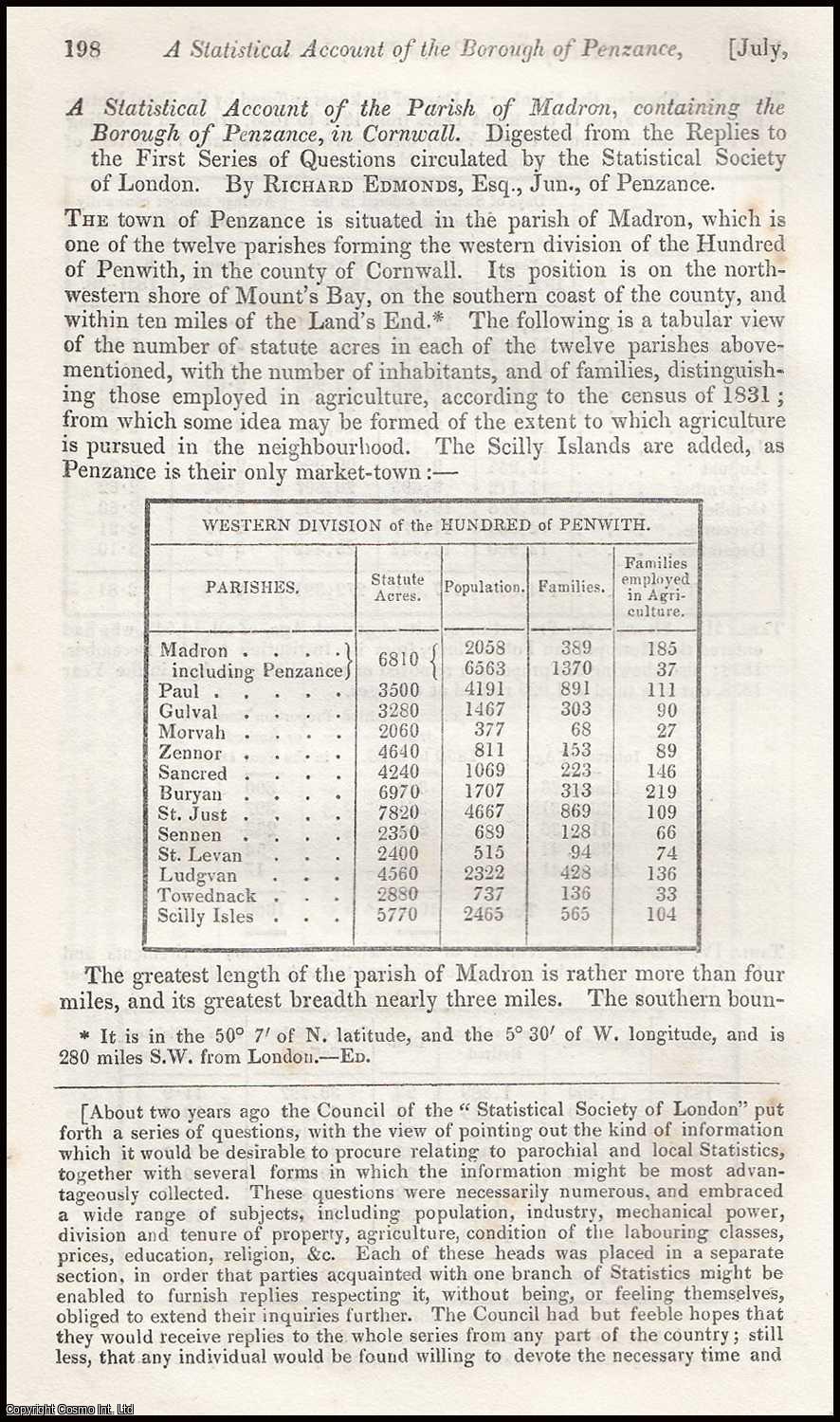 EDMONDS, RICHARD - The Parish of Madron, containing the Borough of Penzance, in Cornwall. A Statistical Account. A rare original article from the Journal of the Royal Statistical Society of London, 1839.