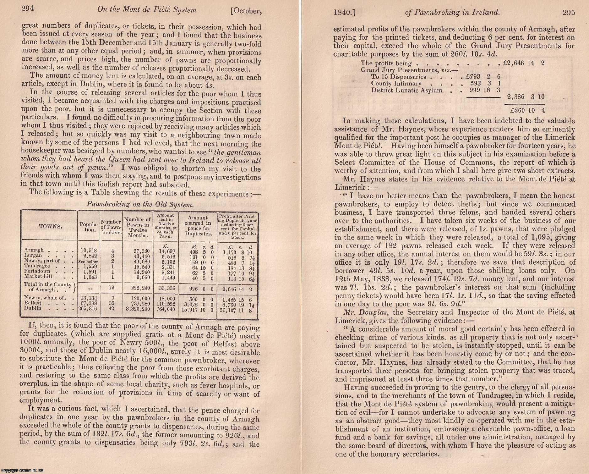 Porter, Henry John. - On the Mont de Piete System of Pawnbroking in Ireland. A rare original article from the Journal of the Royal Statistical Society of London, 1840.
