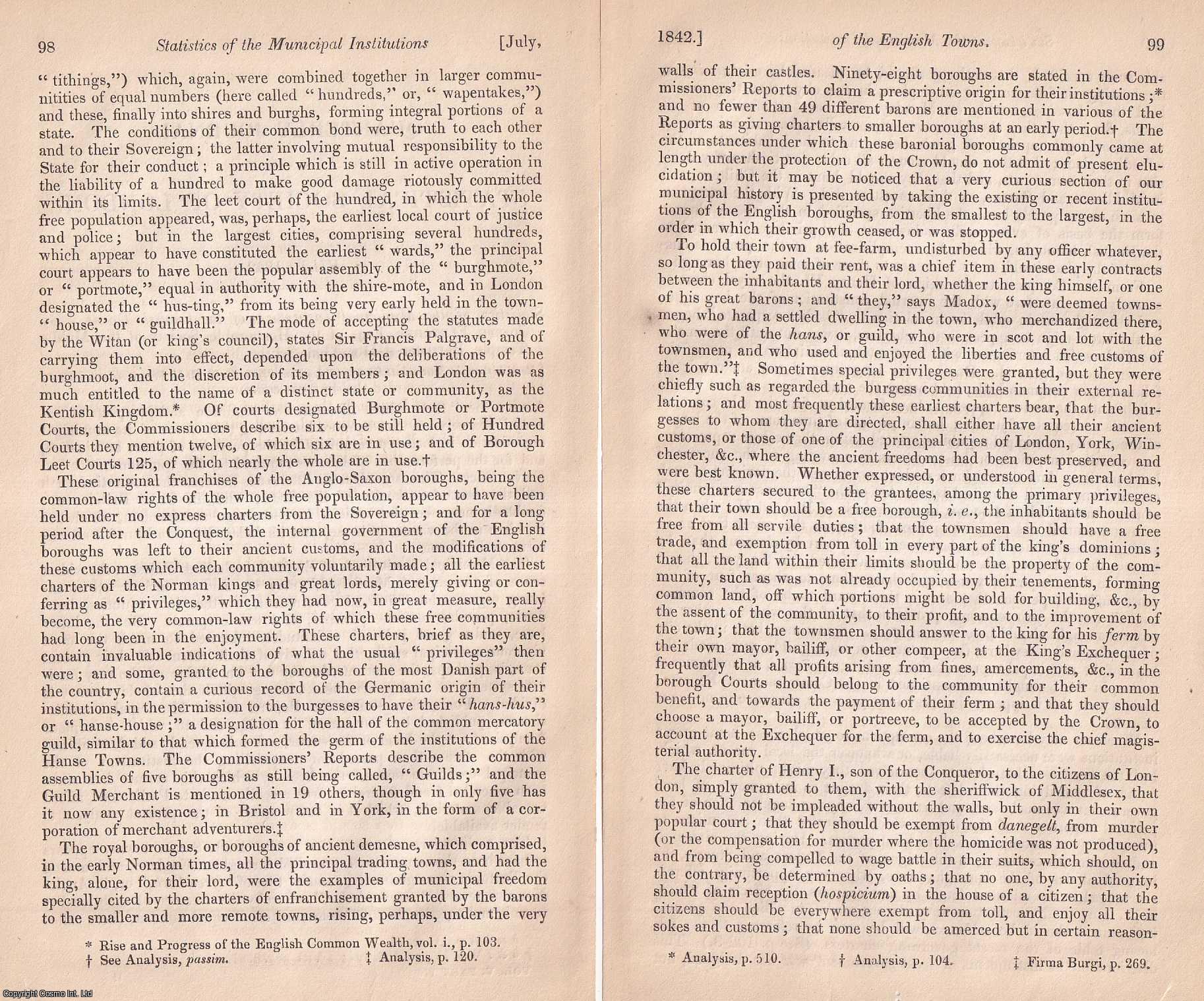 FLETCHER, JOSEPH. - Statistics of the Municipal Institutions of the English Towns. A rare original article from the Journal of the Royal Statistical Society of London, 1842.
