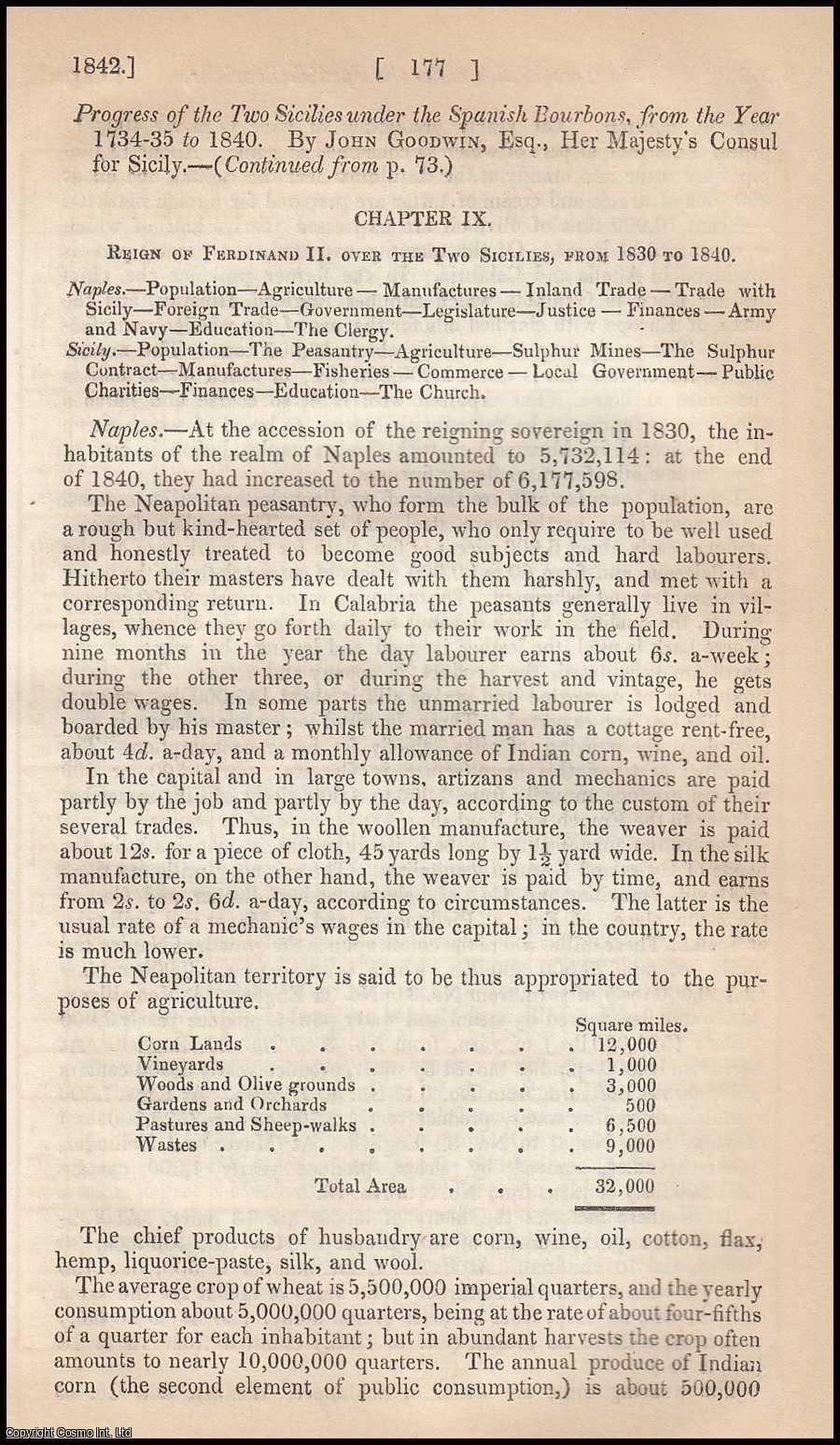 John Goodwin - 1842. Progress of the Two Sicilies under the Spanish Bourbons from the Year 1734-35 to 1840. Chapters 9 to 10. A rare original article from the Journal of the Royal Statistical Society of London, 1842.