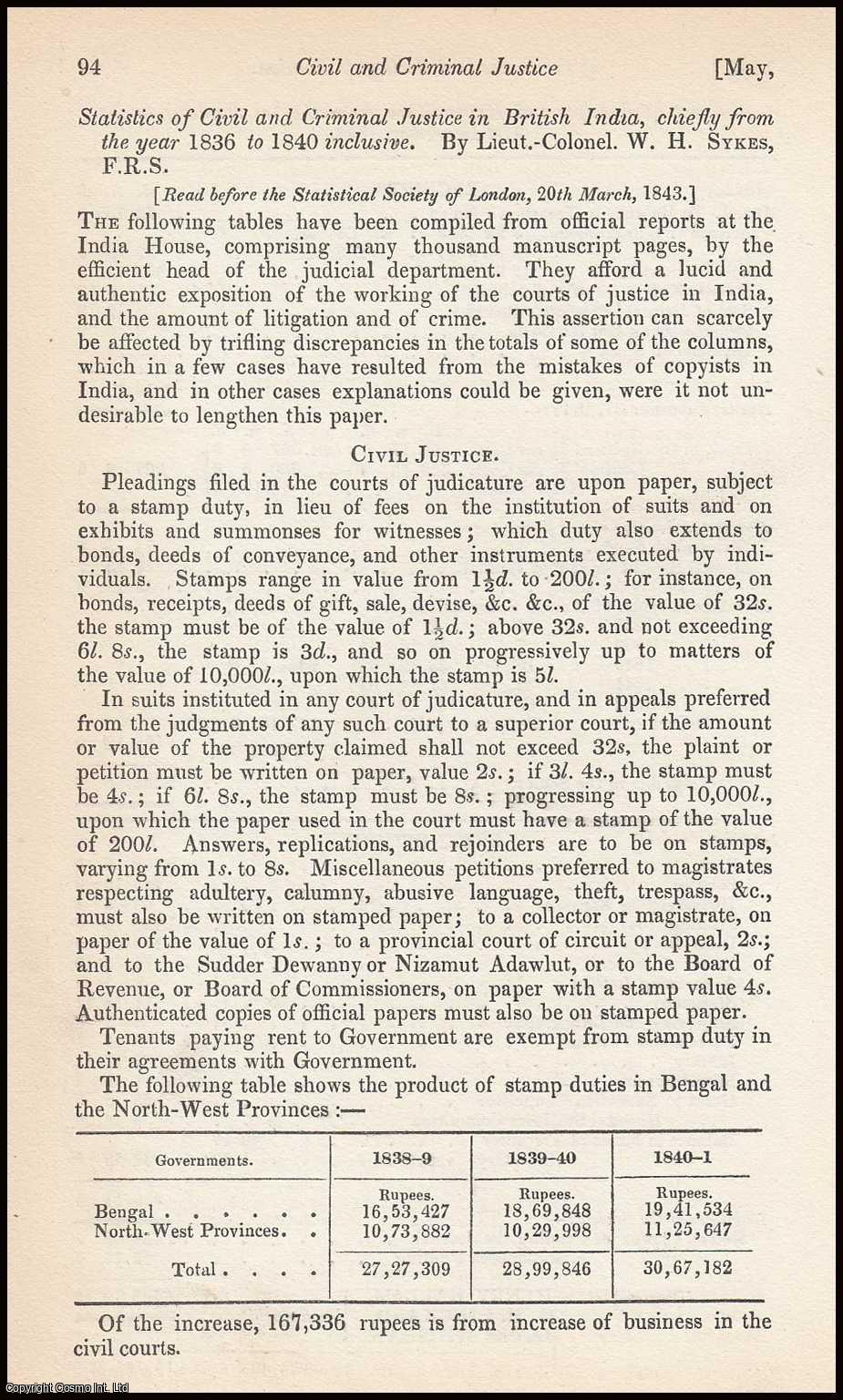 SYKES, W.H. - Statistics of Civil and Criminal Justice in British India, chiefly from the year 1836 to 1840 inclusive. A rare original article from the Journal of the Royal Statistical Society of London, 1843.