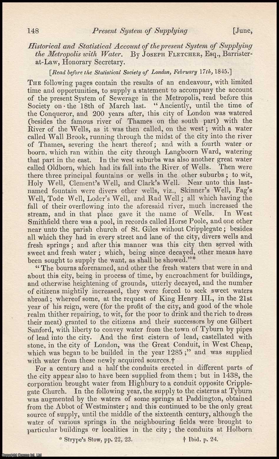FLETCHER, JOSEPH. - Supplying the Metropolis with Water. Historical and Statistical Account of the Present System. A rare original article from the Journal of the Royal Statistical Society of London, 1845.