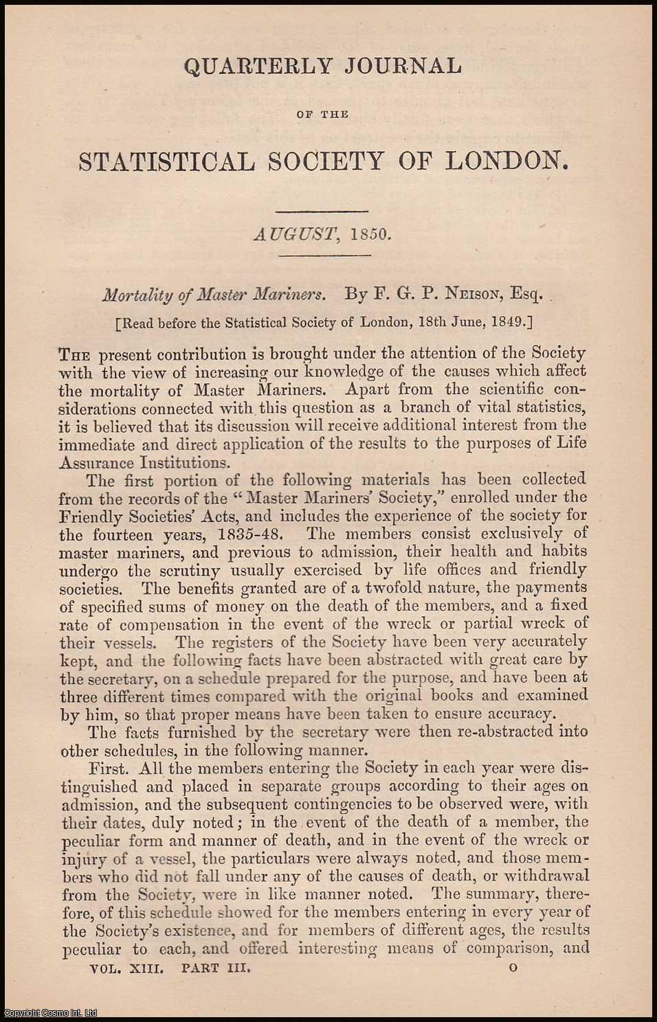 Neison, F.G.P. - Mortality of Master Mariners. A rare original article from the Journal of the Royal Statistical Society of London, 1850.