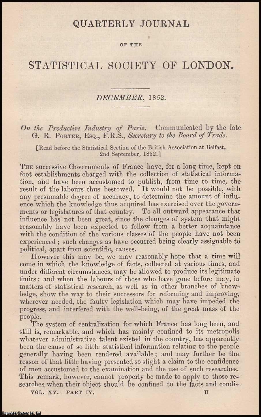 Porter, G.R. - On the Productive Industry of Paris. A rare original article from the Journal of the Royal Statistical Society of London, 1852.