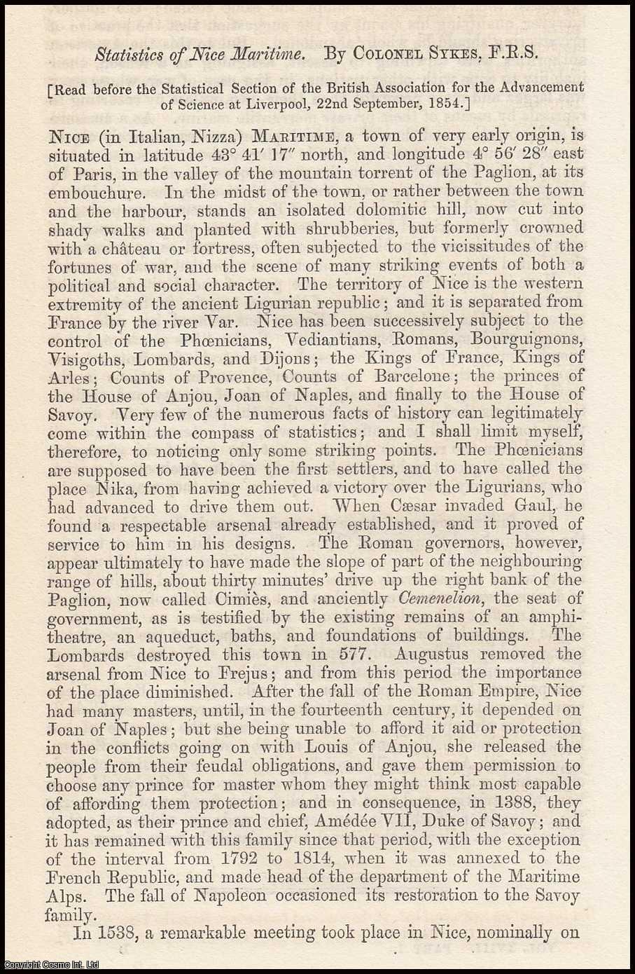 SYKES, W.H. - Statistics of Nice Maritime. A rare original article from the Journal of the Royal Statistical Society of London, 1855.