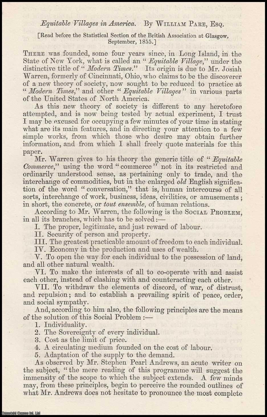 PARE, WILLIAM. - Equitable Villages in America. A rare original article from the Journal of the Royal Statistical Society of London, 1856.