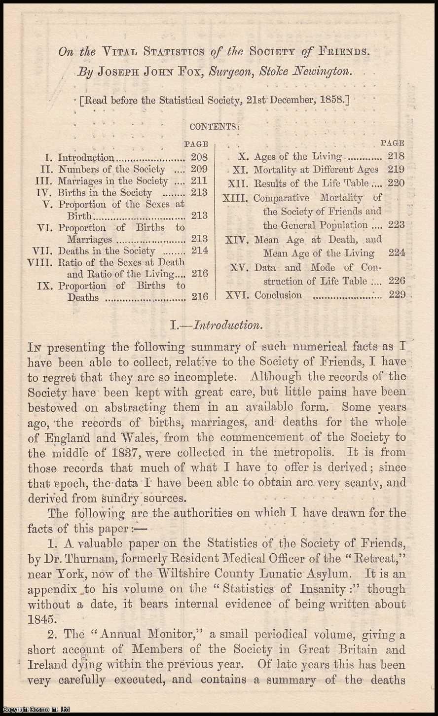 FOX, JOSEPH JOHN - Quakers. On the Vital Statistics of the Society of Friends. A rare original article from the Journal of the Royal Statistical Society of London, 1859.