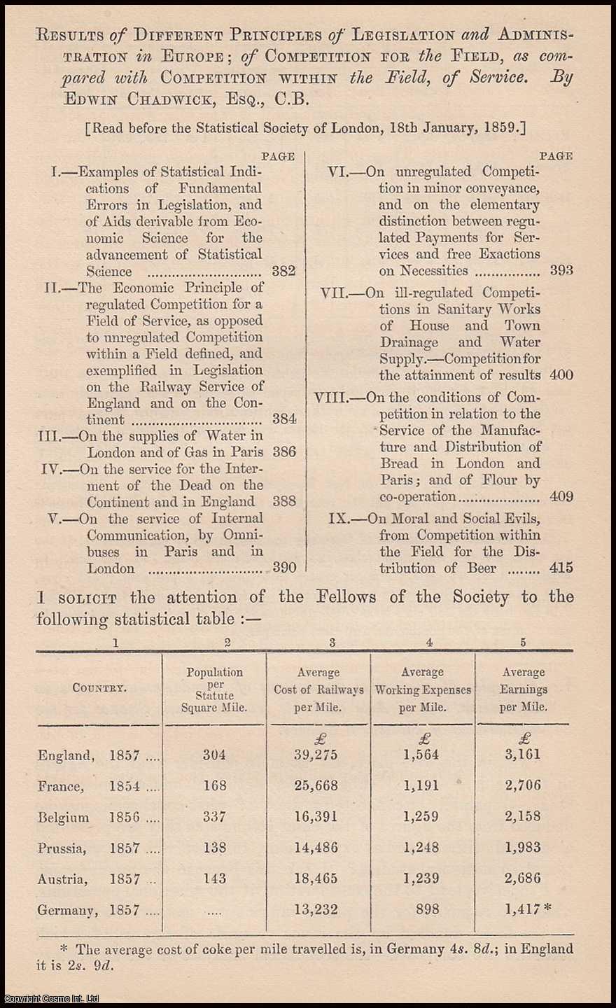 CHADWICK, EDWIN - Results of Different Principles of Legislation and Administration in Europe; of Competition for the Field, as compared with Competition within the Field, of Service. A rare original article from the Journal of the Royal Statistical Society of London, 1859.