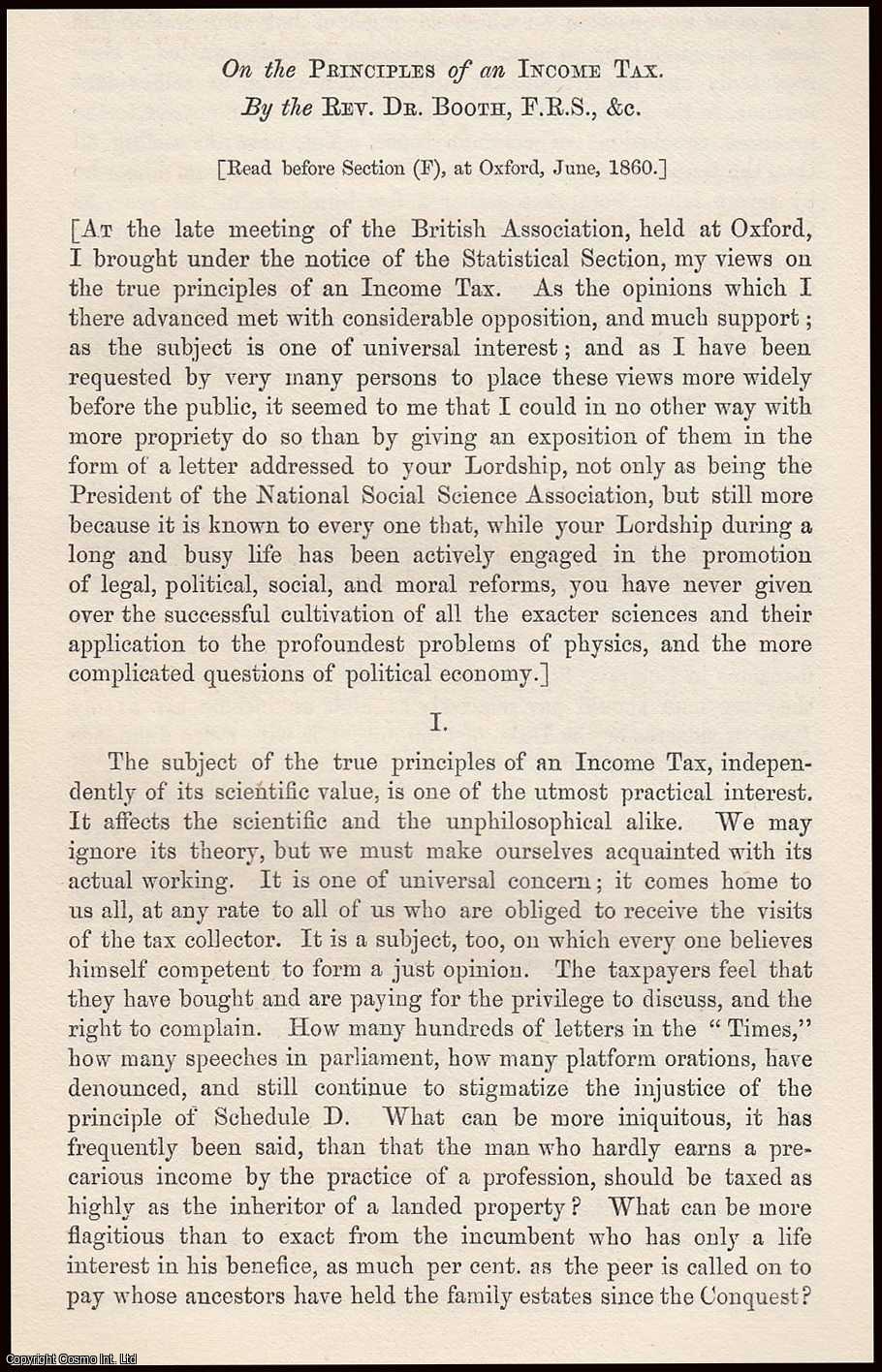Booth, Dr. Rev. - On the Principles of an Income Tax. A rare original article from the Journal of the Royal Statistical Society of London, 1860.