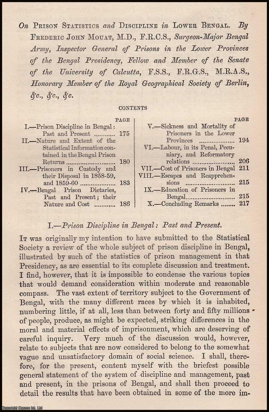 MOUAT, FREDERICK JOHN. - On Prison Statistics and Discipline in Lower Bengal. A rare original article from the Journal of the Royal Statistical Society of London, 1862.
