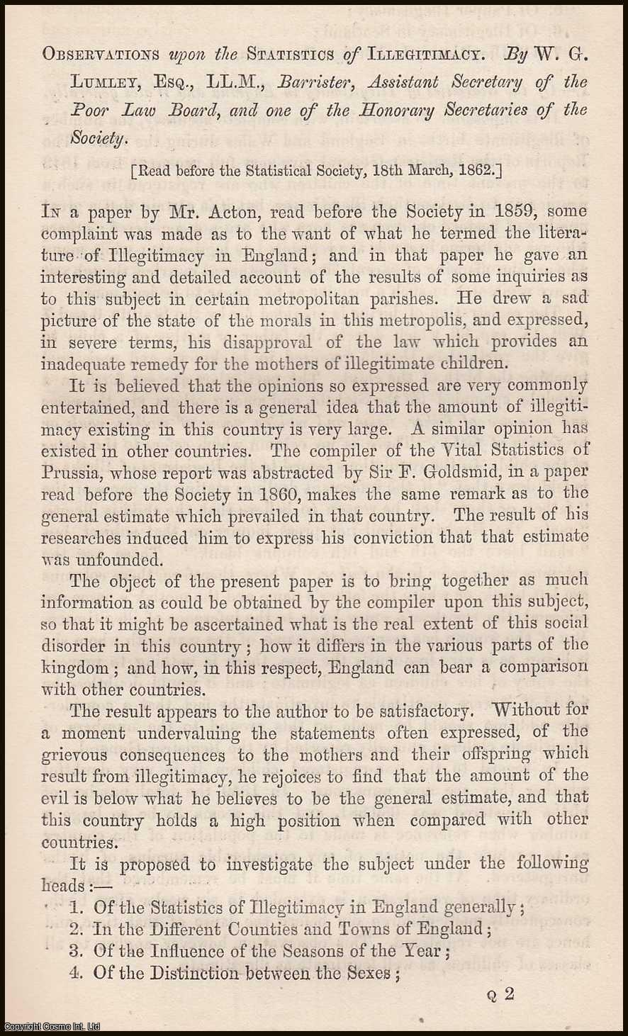 LUMLEY, W.G. - Observations upon the Statistics of Illegitimacy. A rare original article from the Journal of the Royal Statistical Society of London, 1862.