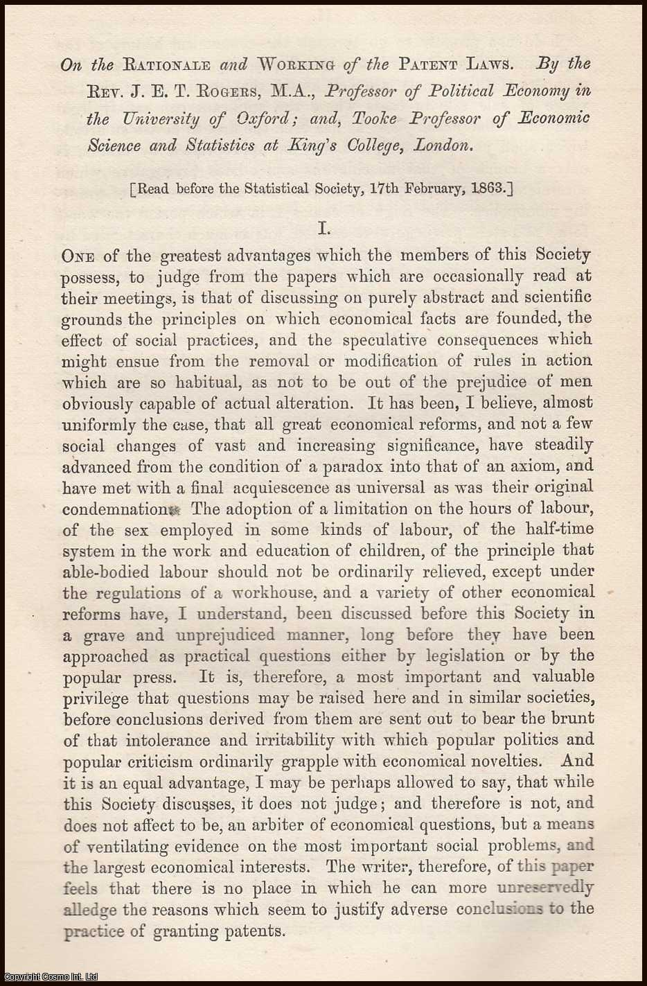 ROGERS, REV. J.E.T. - On the Rationale and Working of the Patent Laws. A rare original article from the Journal of the Royal Statistical Society of London, 1863.