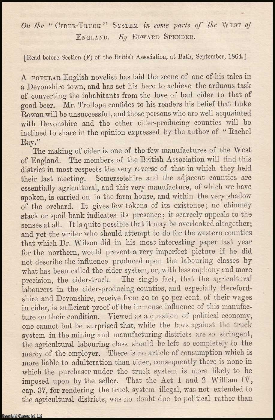 SPENCER, EDWARD. - On the ''Cider Truck'' System in some parts of the West of England. A rare original article from the Journal of the Royal Statistical Society of London, 1864.