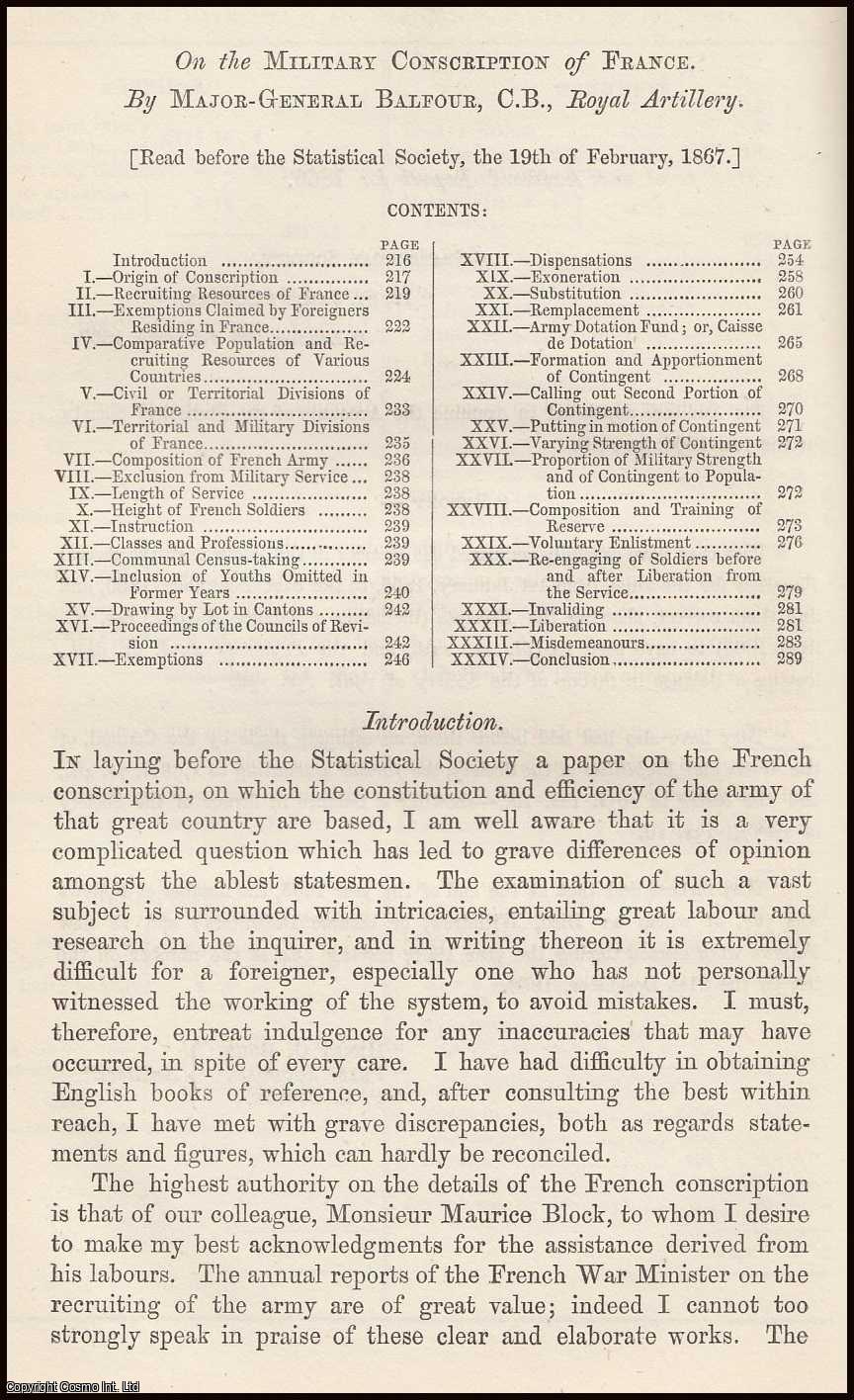 BALFOUR, MAJOR-GENERAL. - On the Military Conscription of France. A rare original article from the Journal of the Royal Statistical Society of London, 1867.