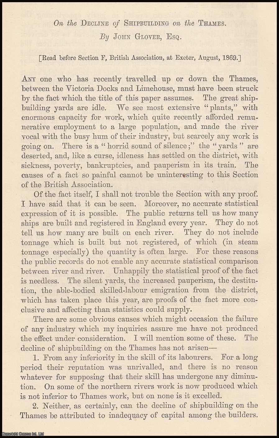 John Glover - On the Decline of Shipbuilding on the Thames. A rare original article from the Journal of the Royal Statistical Society of London, 1869.