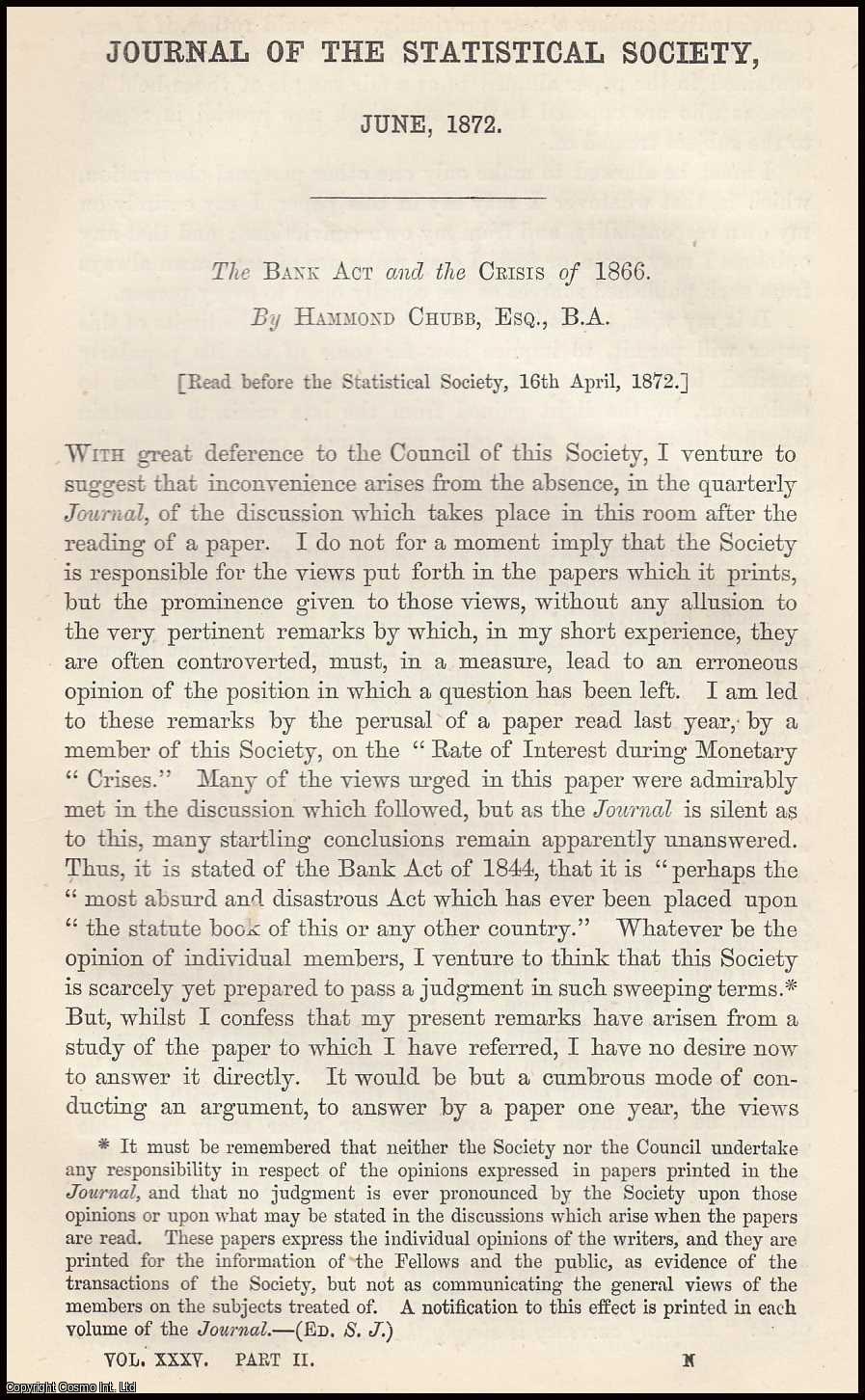 CHUBB, HAMMOND. - The Bank Act and the Crisis of 1866. A rare original article from the Journal of the Royal Statistical Society of London, 1872.