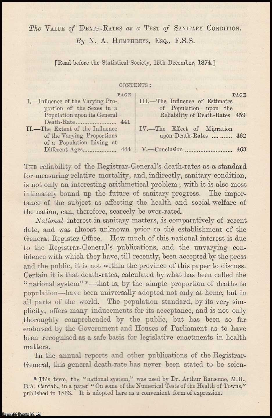 Humphreys, N.A. - The Value of Death-Rates as a Test of Sanitary Conditions. A rare original article from the Journal of the Royal Statistical Society of London, 1874.