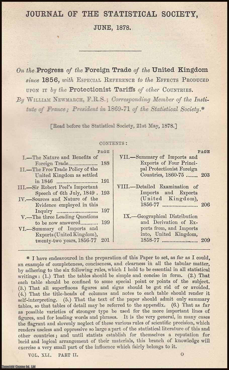 NEWMARCH, WILLIAM. - On the Progress of the Foreign Trade of the United Kingdom since 1856, with Especial Reference to the Effects Produced upon it by the Protectionist Tariffs of other Countries. A rare original article from the Journal of the Royal Statistical Society of London, 1878.