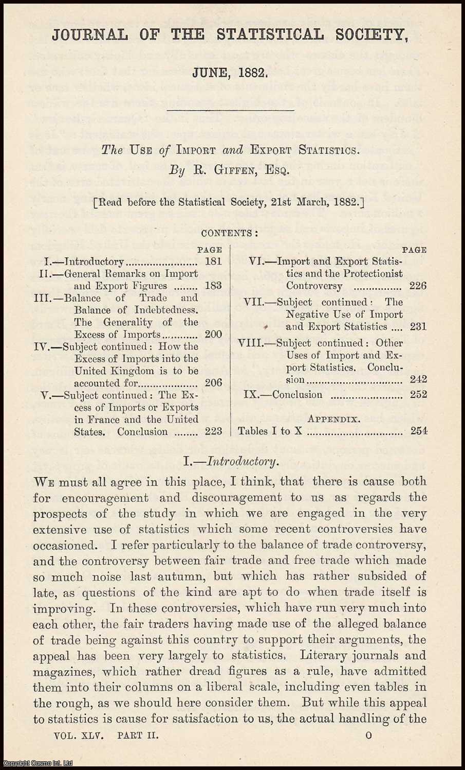 GIFFEN, ROBERT - The Use of Import and Export Statistics. A rare original article from the Journal of the Royal Statistical Society of London, 1882.
