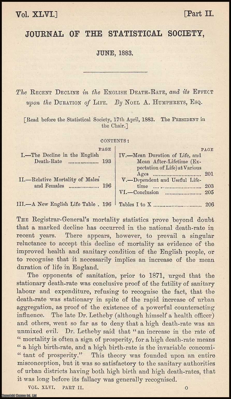 HUMPHREYS, NOEL A. - The Recent Decline in the English Death-Rate, and its Effect upon the Duration of Life. A rare original article from the Journal of the Royal Statistical Society of London, 1883.