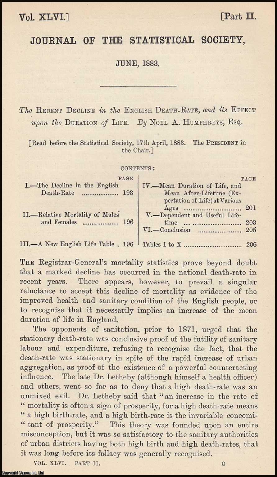 Humphreys, Noel A. - The Recent Decline in the English Death-Rate, and its Effect upon the Duration of Life. A rare original article from the Journal of the Royal Statistical Society of London, 1883.