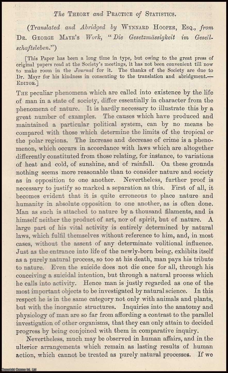 George Mayr - The Theory and Practice of Statistics. A rare original article from the Journal of the Royal Statistical Society of London, 1883.