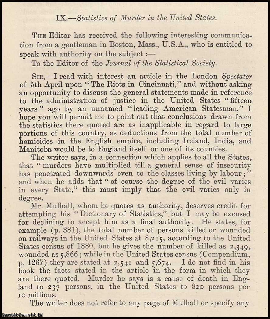 --- - Statistics of Murder in the United States. A rare original article from the Journal of the Royal Statistical Society of London, 1885.