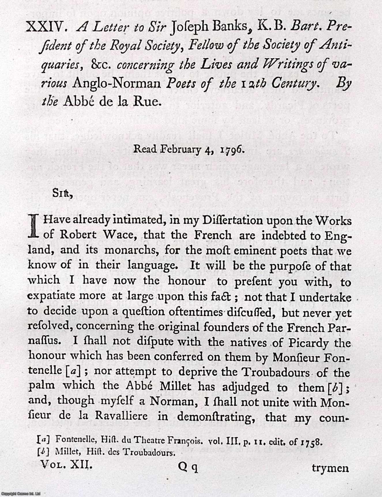 ABBE DE LA RUE. - A Letter to Sir Joseph Banks Concerning The Lives and Writings of Various Anglo-Norman Poets of the 12th Century. A rare original article from the journal Archaeologia, 1796.