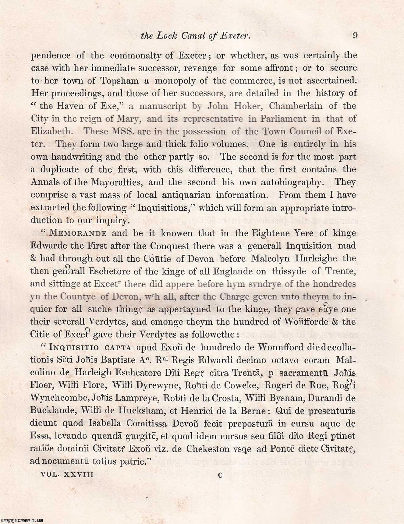 Philip Chilwell de la Garde, Esq - On the Antiquity and Invention of the Lock Canal of Exeter. An uncommon original article from the journal Archaeologia, 1840.